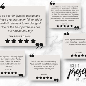 May include: A collage of customer reviews for a digital product called "Pretty Presets by Jess". The reviews are positive and highlight the quality of the product. The reviews are displayed on a white background with black text and black quotation marks.