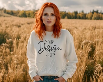 Gildan 18000 White Mockup Gildan 18000 Mockup Bundle, Model Mockup Sweatshirt Mock Ups, White Sweater Mockup, Womens Shirt Mockup Fall Model
