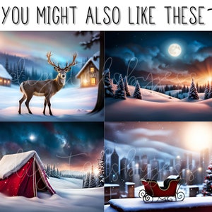 May include: Four wintery scenes with a snowy forest, a deer, a red tent, and a red sleigh. The scenes are all lit by the moon and stars.