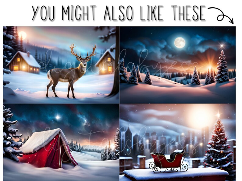 May include: Four wintery scenes with a snowy forest, a deer, a red tent, and a red sleigh. The scenes are all lit by the moon and stars.