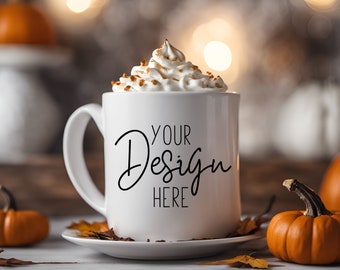 Fall Coffee Mug Mockup 11oz with Whipped Cream and Pumpkins, Autumn Mug Mockup, Ceramic Mug Mockup, Blank Mug Styled Stock Fall Mug Mockups