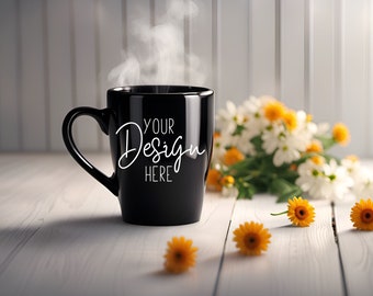 Black Coffee Mug Mock up with Flowers, Black Mug Mockup, 12 oz Coffee Mug Mockup, Minimalist Mug Mock Ups Coffee Cup Mockup Yellow Flowers