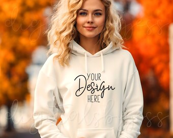 Gildan Unisex Hoodie Mockup White Mockup Gildan Sweatshirt Mockup Bundle, Model Mockup Pullover Mock Ups, Fall Hoodie Mockup with Model