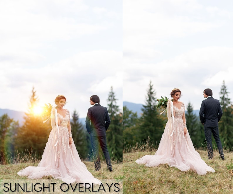May include: A bride and groom pose for a wedding photo in a forest setting. The bride is wearing a long, flowing white dress with lace detailing. The groom is wearing a dark suit. The couple is standing in front of a lush green forest with a bright sun shining through the trees.