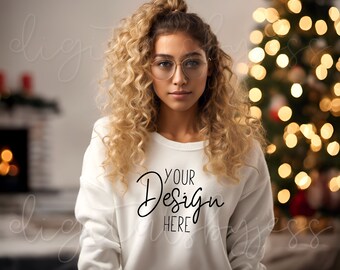 Gildan 18000 White Mockup Gildan 18000 Mockup Bundle, Model Mockup Holiday Sweatshirt Mock Ups, Christmas Sweater Mockup Womens Shirt Mockup