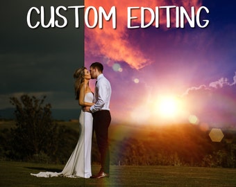 May include: A split image demonstrating photo editing. The left shows a dull scene, the right a vibrant sunset with a couple kissing. The text "CUSTOM EDITING" is displayed at the top, highlighting the transformation achieved through editing.