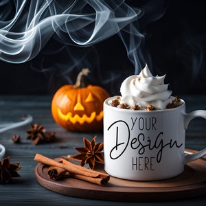 Halloween Coffee Mug Mockup 15oz with Whipped Cream and Pumpkins, Autumn Mug Mock Up, White Mug Mockup, Blank Mug Mock Ups, Fall Mug Mockups