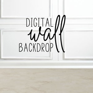 Op de afbeelding: Witte muur met witte lijstwerk en een witte plint. De muur heeft een zwarte tekst overlay die zegt "DIGITAL wall BACKDROP".
