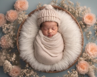 Pink Floral Newborn Digital Composite Baby Girl Photography Digital Backdrop, Pink Newborn Backdrop with Flowers and a Couch for Photoshop