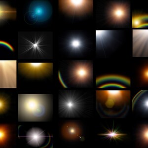 May include: A collection of 25 different lens flare effects, each with a unique shape and color. The flares are isolated on a black background, making them easy to use in any design project.