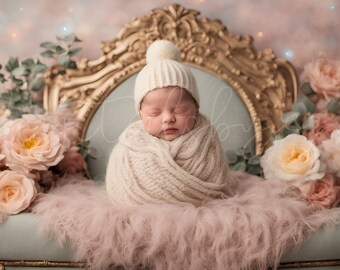 Floral Newborn Digital Composite Baby Girl Photography Digital Backdrop, Pink Newborn Backdrop with Flowers and a Couch for Photoshop Edits