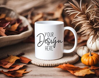 Autumn Coffee Mug Photo Mockup for Fall Mug SVG Designs and Printly Mugs, Fall Mug Mock Up Images White Cup Mockup Photo, Fall Mug Designs