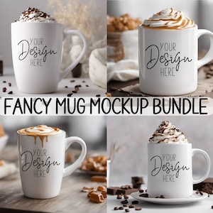 May include: A mockup bundle featuring four white ceramic mugs with whipped cream and caramel toppings. Each mug has the text "YOUR Design HERE" printed on the front. The phrase "FANCY MUG MOCKUP BUNDLE" is displayed across the bottom.
