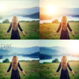May include: A woman in a black dress stands in a field with her back to the camera, looking out at a lake and mountains in the distance. The sun is setting behind her, creating a warm glow in the sky.