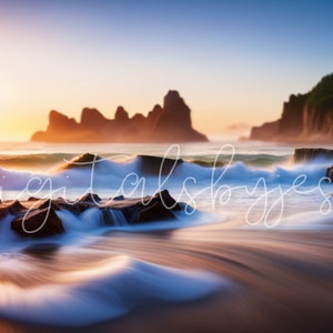 Beach Digital Landscape Background, Beach Backdrop, Nature Digital Backdrop Sunset Beach Background Digital Sunset Magical Nature Background