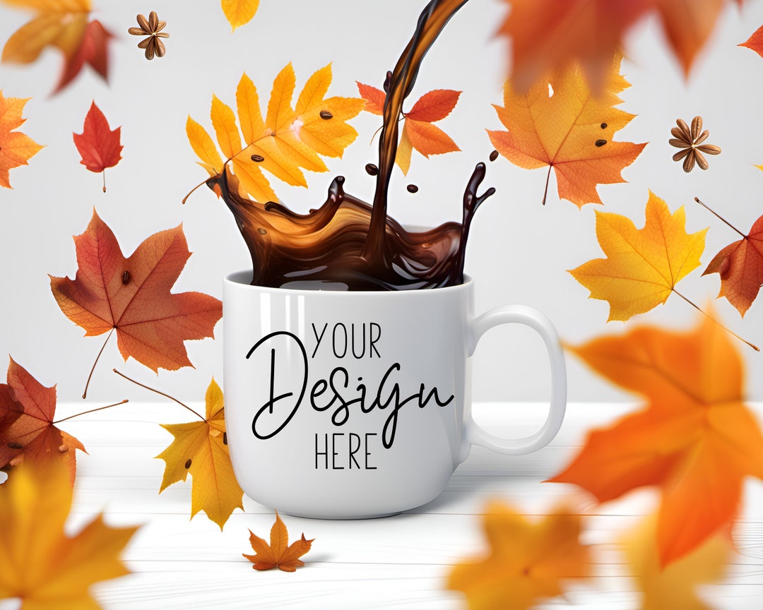 Falling Mug Empty Fall Coffee Mug Mockup 15oz With Falling Leaves and Coffee Splash ...