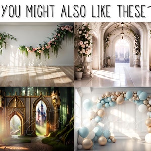 May include: Four different backdrop options for photography. The first backdrop is a white wall with a garland of pink flowers and greenery hanging from it. The second backdrop is a white hallway with arched doorways and a white tiled floor. The third backdrop is a forest scene with a golden archway leading to a castle. The fourth backdrop is a white wall with a balloon arch made of blue, white, and gold balloons.