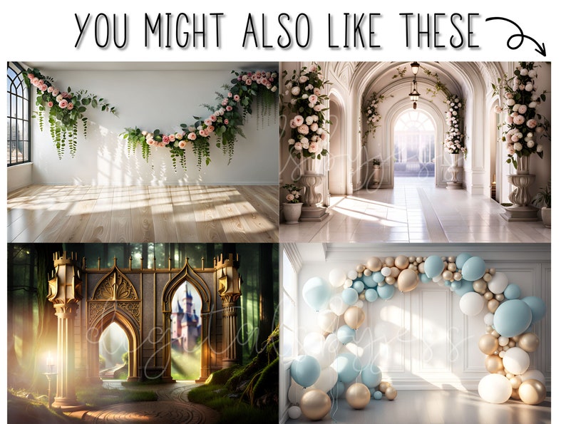 May include: Four different backdrop options for photography. The first backdrop is a white wall with a garland of pink flowers and greenery hanging from it. The second backdrop is a white hallway with arched doorways and a white tiled floor. The third backdrop is a forest scene with a golden archway leading to a castle. The fourth backdrop is a white wall with a balloon arch made of blue, white, and gold balloons.