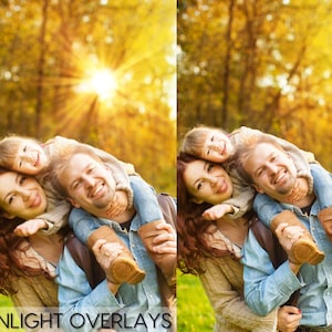 May include: A family of three, a woman, a man, and a young girl, are smiling and laughing in a park setting. The woman is wearing a brown sweater and the man is wearing a blue shirt. The girl is wearing a pink shirt. The background is a blurred image of trees with yellow leaves.