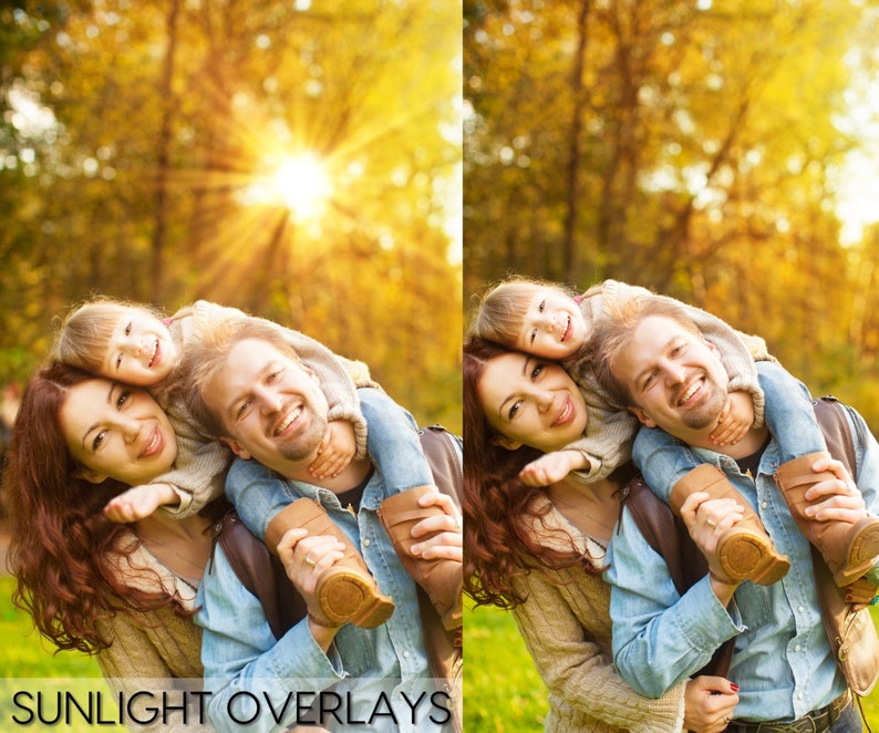 May include: A family of three, a woman, a man, and a young girl, are smiling and laughing in a park setting. The woman is wearing a brown sweater and the man is wearing a blue shirt. The girl is wearing a pink shirt. The background is a blurred image of trees with yellow leaves.