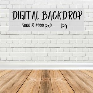 May include: A white brick wall with a white baseboard and a wood floor. The text "DIGITAL BACKDROP 5000 X 4000 pxs jpg" is on a white banner.