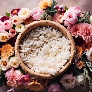 Newborn Studio Backdrop Featuring a Wicker Basket & Pink Flowers, Newborn Backdrop Photoshop Newborn Digital Newborn Background