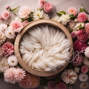 新生児の写真デジタル背景、ベビーバスケットとピンクの花をフィーチャーしたスタジオ写真の背景、Photoshop 新生児デジタル新生児の背景