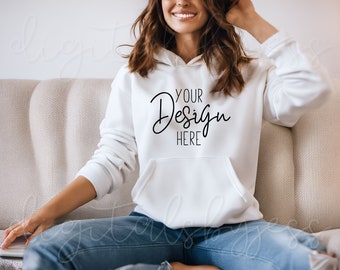 Gildan Unisex Hoodie Mockup White Mockup Gildan Sweatshirt Mockup Bundle, Model Mockup Pullover Mock Ups, Fall Hoodie Mockup with Model