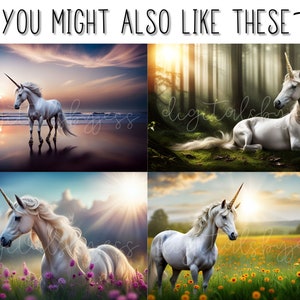 May include: Four digital illustrations of white unicorns in different settings. The first shows a unicorn standing on a beach at sunset. The second shows a unicorn lying down in a forest. The third shows a unicorn standing in a field of flowers. The fourth shows a unicorn standing in a field of yellow flowers.