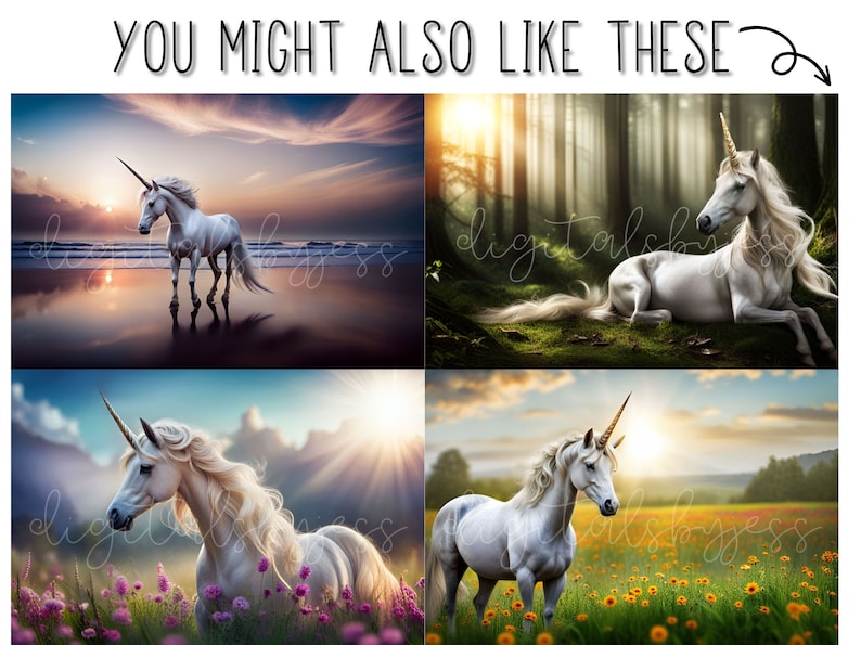 May include: Four digital illustrations of white unicorns in different settings. The first shows a unicorn standing on a beach at sunset. The second shows a unicorn lying down in a forest. The third shows a unicorn standing in a field of flowers. The fourth shows a unicorn standing in a field of yellow flowers.