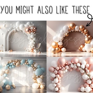 May include: Four different balloon arch arrangements for a party or event. The arches are made of white, gold, blue, and pink balloons. The arches are arranged in a semi-circle shape and are decorated with flowers and greenery.