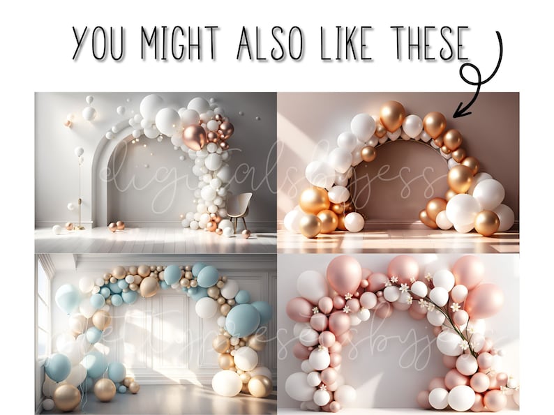 May include: Four different balloon arch arrangements for a party or event. The arches are made of white, gold, blue, and pink balloons. The arches are arranged in a semi-circle shape and are decorated with flowers and greenery.