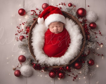 Christmas Digital Newborn Backdrop, Holiday Newborn Digital Backdrop Composite with Face Hole & Transparent Face Insert PNG for Photography