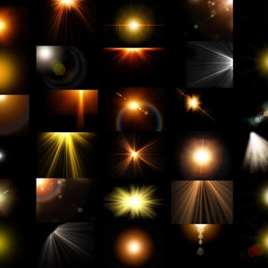 May include: A collection of 25 different lens flare effects, each with a unique shape and color. The flares are all set against a black background, creating a dramatic and eye-catching effect.
