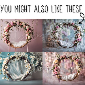 May include: Four digital backdrops featuring a floral wreath with a white fabric inside. The wreaths are hanging from the ceiling and are surrounded by flowers and greenery. The backdrops are perfect for newborn photography.