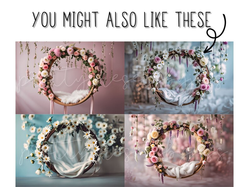 May include: Four digital backdrops featuring a floral wreath with a white fabric inside. The wreaths are hanging from the ceiling and are surrounded by flowers and greenery. The backdrops are perfect for newborn photography.