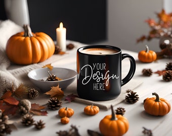 Schwarzer Kaffeebecher Mockup mit Kaffee & Kürbissen, Herbstbecher Mockup, Schwarzer Becher Mockup, Leerer Becher Mockup Herbstbecher Mockup Schwarzer Becher Mockup