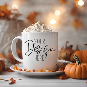 Fall Mug Mockup 11 oz with Whipped Cream and Pumpkins, Autumn Mug Mockup, Ceramic Coffee Mug Mockup, Blank Mug Styled Stock Fall Mug Mockups