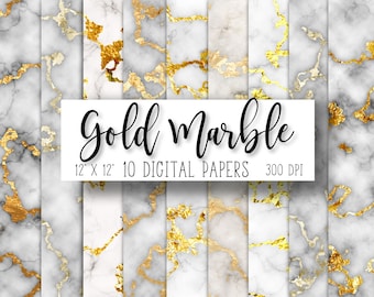 Puede incluir: Diez papeles digitales con un diseño de mármol dorado. Los papeles miden 30,48 cm x 30,48 cm y tienen una resolución de 300 DPI. El texto "Gold Marble" se muestra en cursiva.