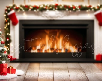 Christmas Fireplace Digital Photography Background for Christmas Photoshoots, Digital Christmas Backdrop for Photoshop Editing in Photoshop