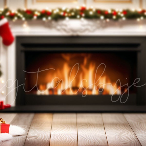 Christmas Fireplace Digital Photography Background for Christmas Photoshoots, Digital Christmas Backdrop for Photoshop Editing in Photoshop