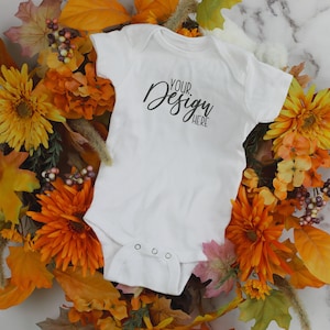 Fall White Onesie Mockup Marble, Digital Baby Outfit, Fall Bodysuit Mockup, Baby Mock-up Styled Stock Photo, Infant Onesie, Flat Lay Mockup