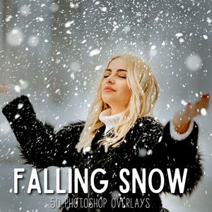 May include: A woman with long blonde hair stands in a snowy field with her arms outstretched. She is wearing a black fur-trimmed coat and a white turtleneck sweater. The text "FALLING SNOW 50 PHOTOSHOP OVERLAYS" is at the bottom of the image.