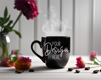Schwarze Kaffeetasse Mockup mit Blumen, Schwarze Tasse Mock Up, 12 oz Kaffeetasse Mockup, Minimalistische Tasse Mock Ups Kaffeetasse Mockup Schwarze Tasse Mockup