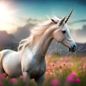 May include: A white unicorn with a golden horn stands in a field of pink flowers. The unicorn has a long, flowing mane and tail. The sun is shining brightly in the background.