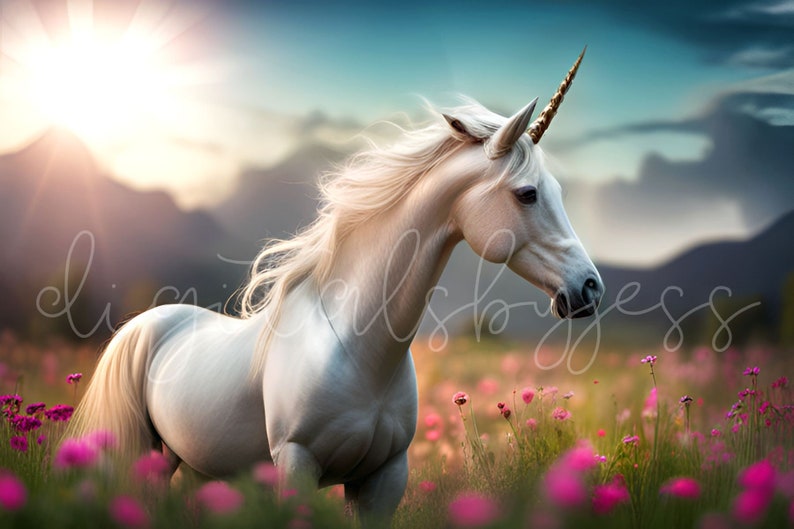 May include: A white unicorn with a golden horn stands in a field of pink flowers. The unicorn has a long, flowing mane and tail. The sun is shining brightly in the background.