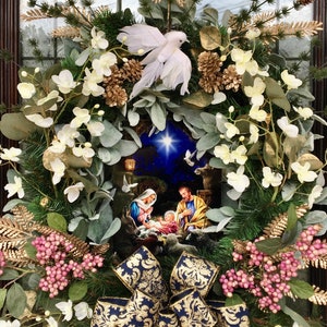 XL Holy Night Christmas Wreath for Front Door, Exquisite, Elegant & Unique Wreath, Mantle Wreath, Religious Nativity Sign. Premium Quality