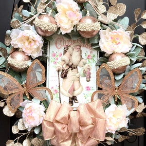 Large Christmas Wreath, Vintage Inspired, Champagne Pink and Gold, Lamb's Ear, Christmas Santa Sign, Luxurious & Elegant Mantle Wreath