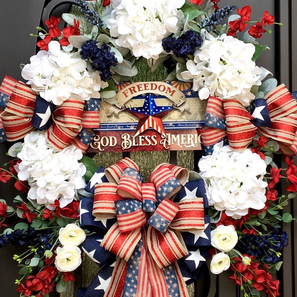 Extra Large Patriotic Wreath for Front Door, Memorial Day, 4th of July, Flag Day, Veteran's Day, God Bless America Sign, Transitional Wreath