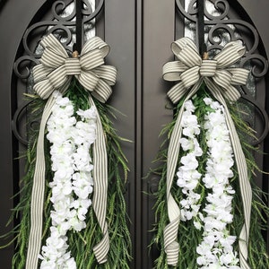 Extra Large Swags for Front Double Doors, Grass and Garland Privacy Swags, Country Farmhouse, Green & White All Season Swags, Bow with Tails